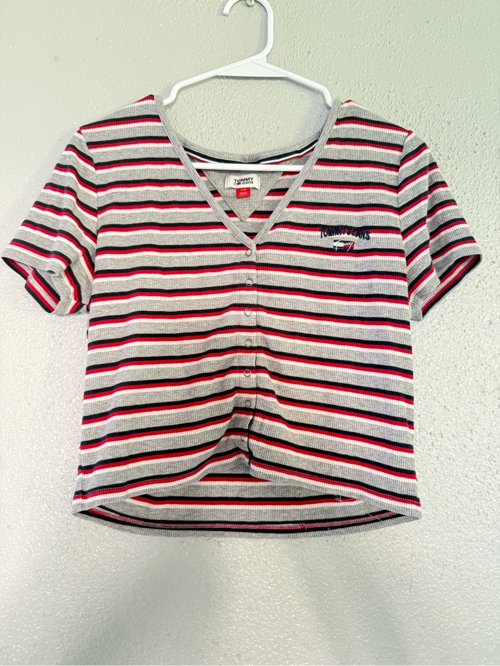 Tommy Hilfiger Red, White & Black Striped Short-Sleeve Button Front Top